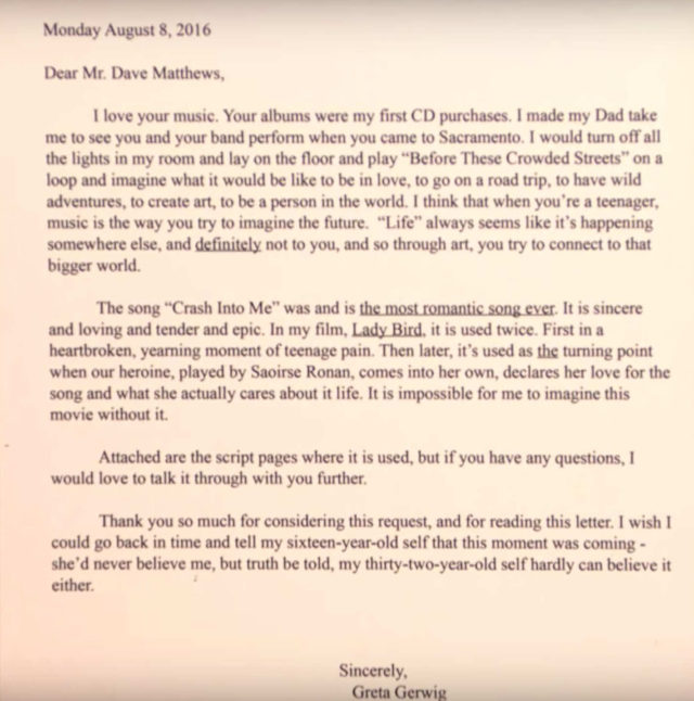 Carta de Greta Gerwig para Dave Matthews
