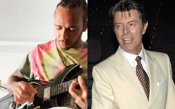 Lewis Hamilton toca guitarra que ganhou do lendário David Bowie