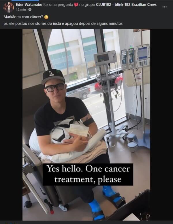 Mark Hoppus em tratamento contra o câncer em hospital