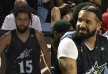 Drake torce por seu parceiro de Rap J.Cole em partida de basquete