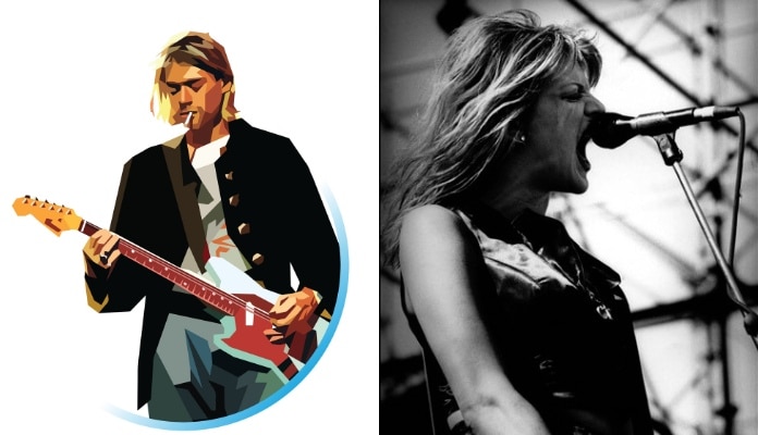 Ilustração de Kurt Cobain e foto de Courtney Love