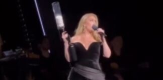 Adele brinca com arma de disparar camisetas em show