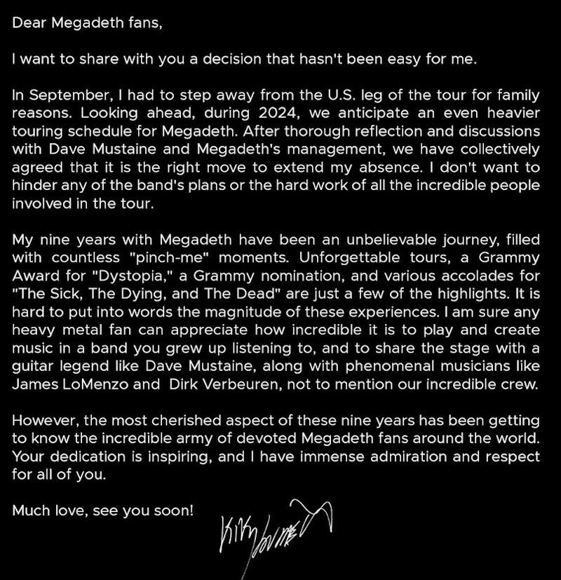 Comunicado de Kiko Loureiro sobre afastamento do Megadeth
