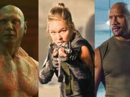 lutadores no cinema - Dave Bautista, Ronda Rousey e The Rock